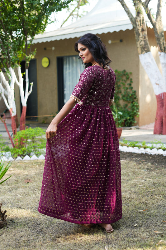 Paridha heavy work wine colour georgette gown