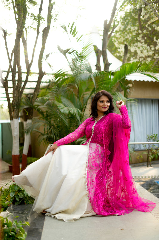 Paridha pink net thread work shrug and skirt with dupatta