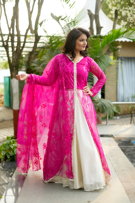 Paridha pink net thread work shrug and skirt with dupatta