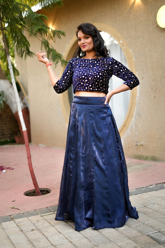 Paridha navy blue embroidery velvet crop top and skirt sets