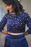 Paridha navy blue embroidery velvet crop top and skirt sets