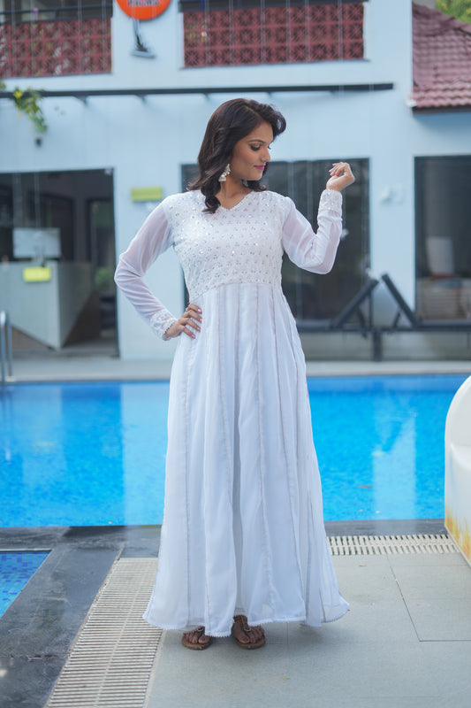 Paridha white georgette chikankari Anarkali dress