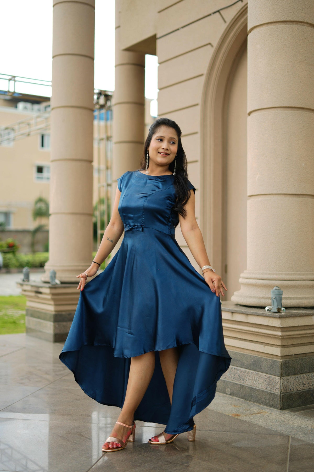 blue satin high low dress Unique Navy Blue Satin and Lace High-low Prom Dress